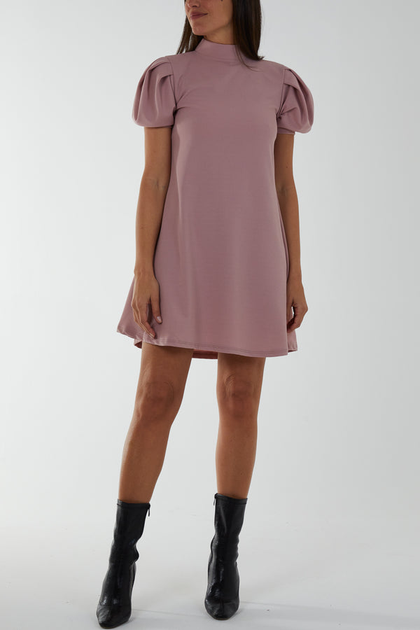 qed london High Neck Puff Sleeve Mini Shift Dress