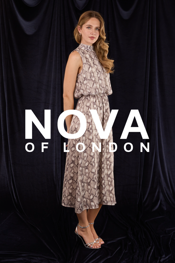 Qed London High Neck Puffball Diamante Snake Dress