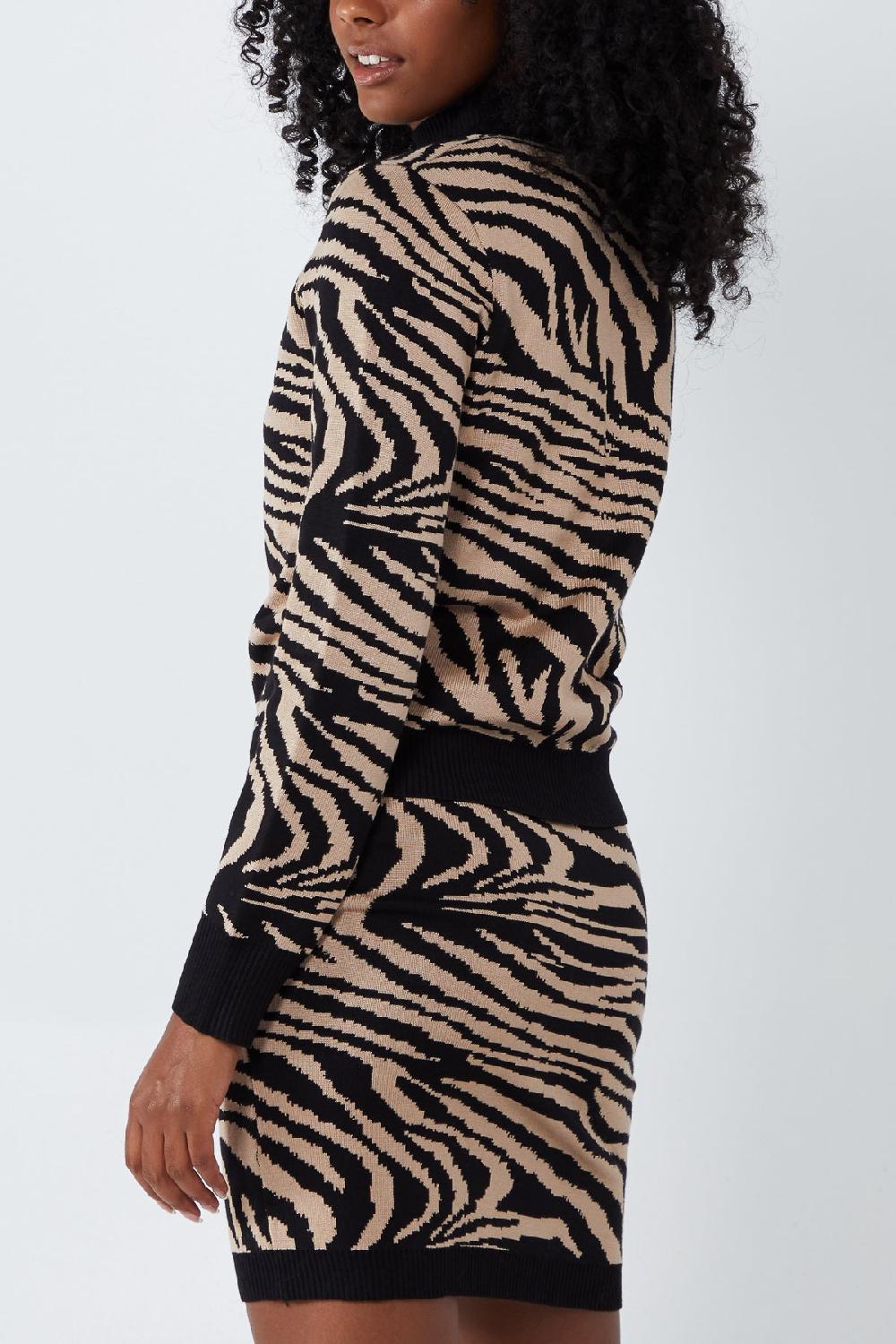 Qed London High Neck Zebra Knitted Top & Skirt Set