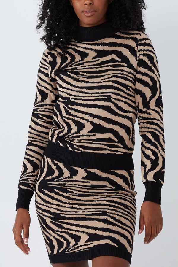 qed london High Neck Zebra Knitted Top & Skirt Set