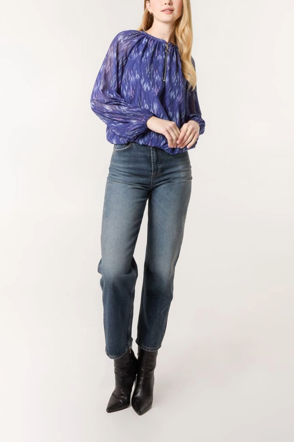 Qed London Ikat Print Half Zip Puffball Top