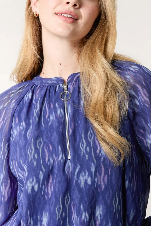 Qed London Ikat Print Half Zip Puffball Top