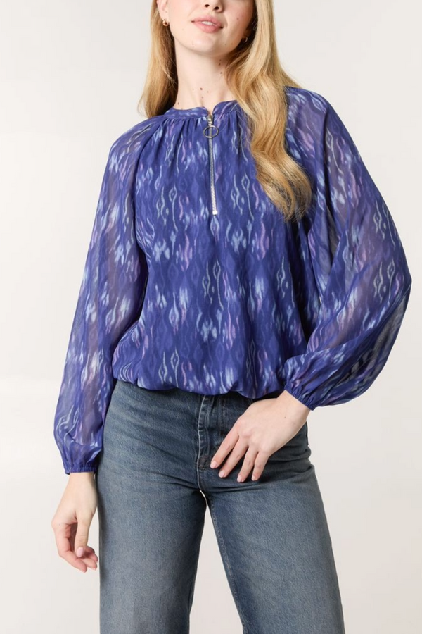 Qed London Ikat Print Half Zip Puffball Top