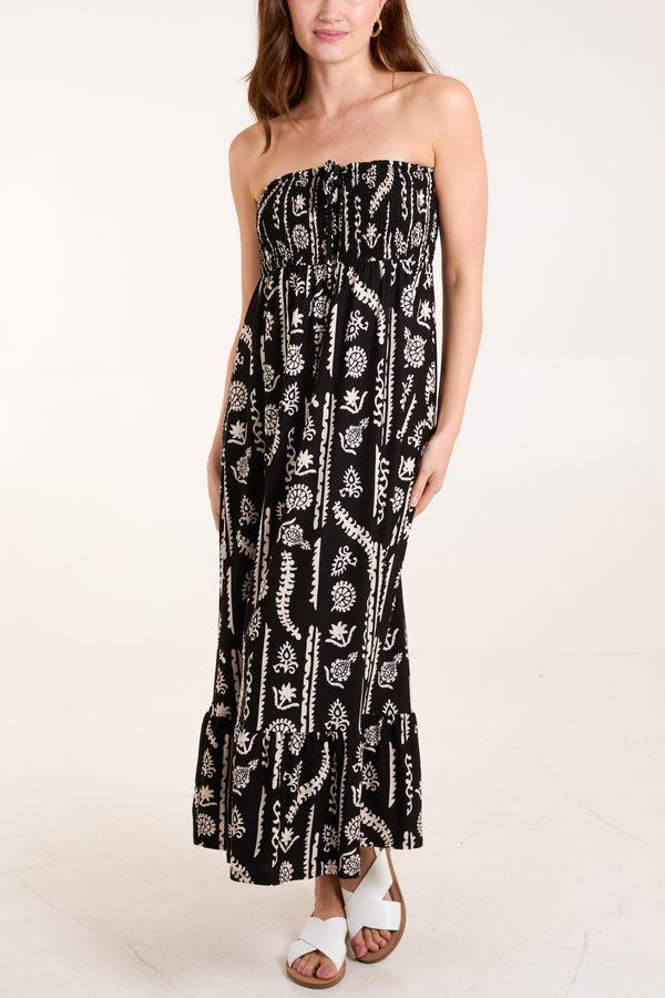 Qed London Ikat Print Shirred Bandeau Dress