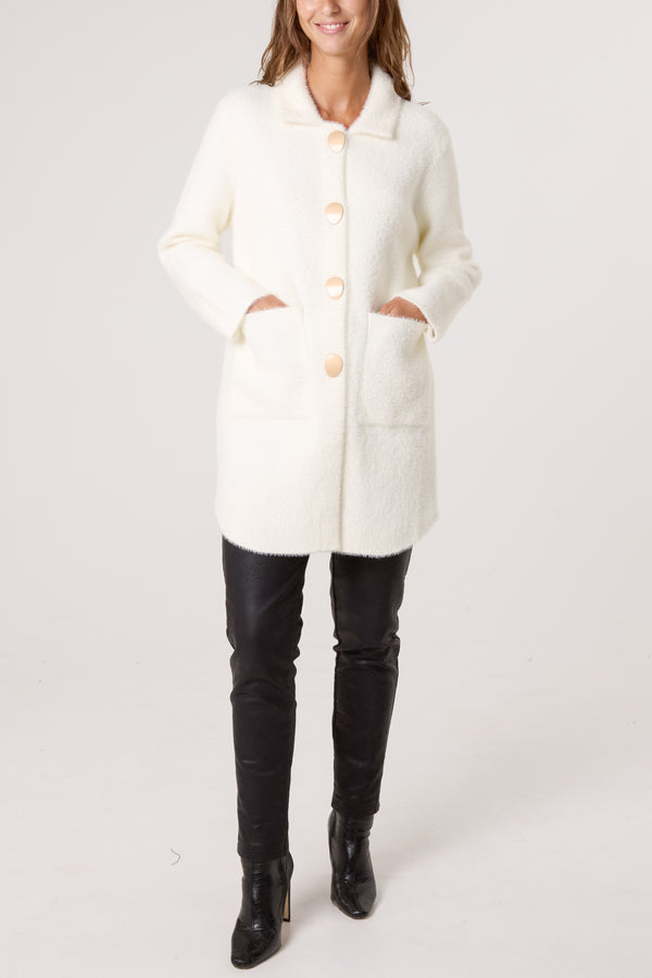 Qed London Ivory Soft Classic Collar Overcoat