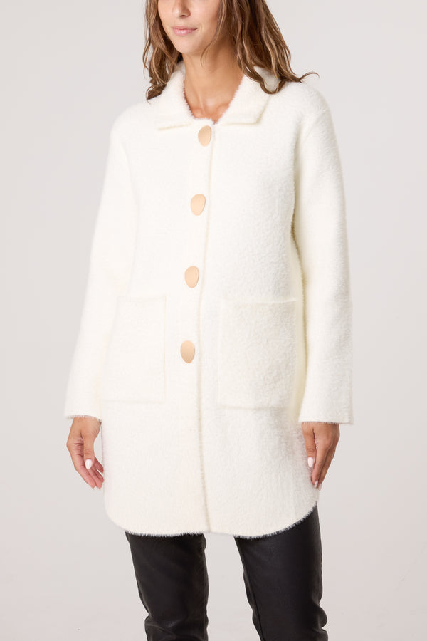 Qed London Ivory Soft Classic Collar Overcoat