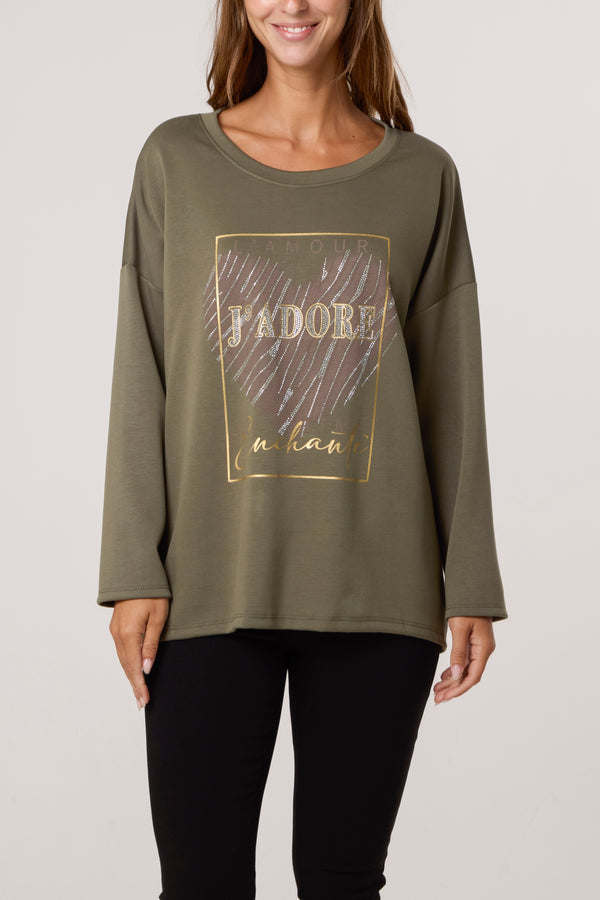 Qed London J'Adore Diamante Round Neck Sweat Top