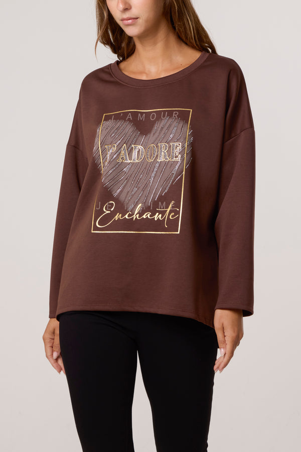 qed london J'Adore Diamante Round Neck Sweat Top
