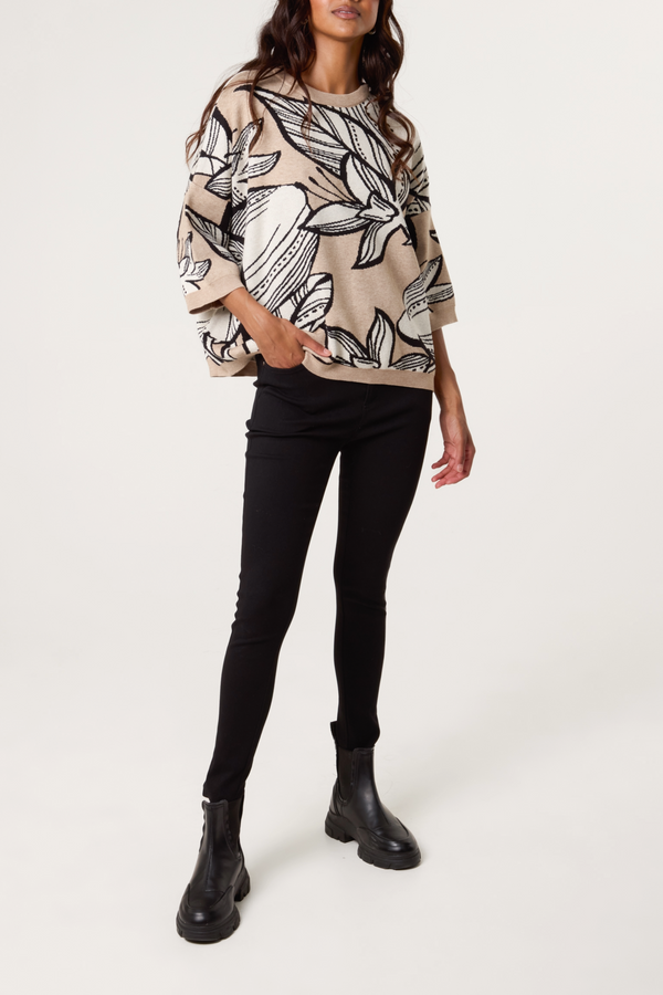 Qed London Jacquard Leaf & Flower Knit Jumper