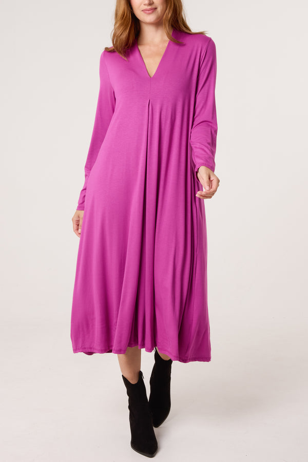 Qed London Jersey V-Neck Long Sleeve Midi Dress