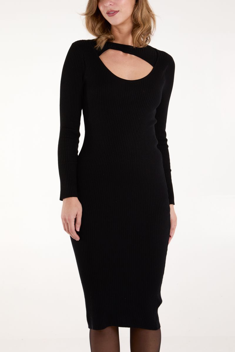 Qed London Keyhole Ribbed Knit Midi Dress