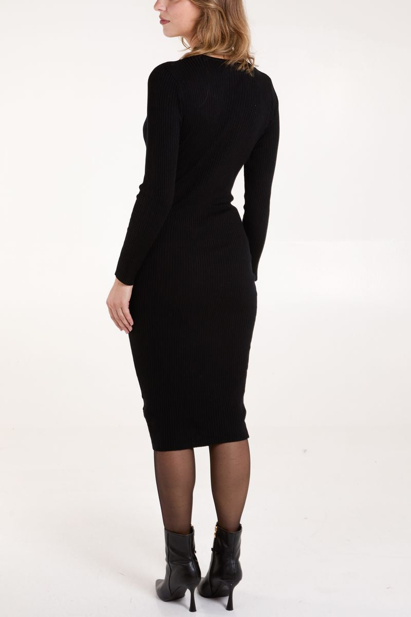 Qed London Keyhole Ribbed Knit Midi Dress