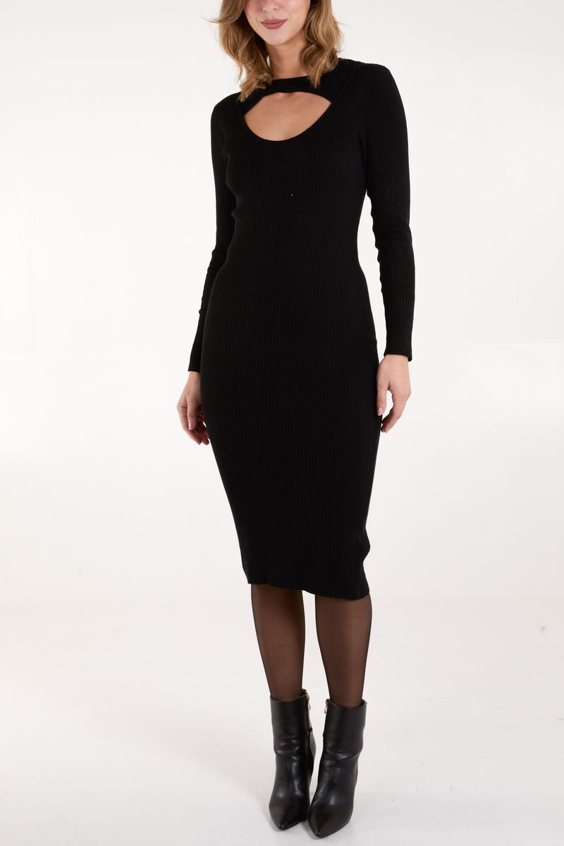 qed london Keyhole Ribbed Knit Midi Dress