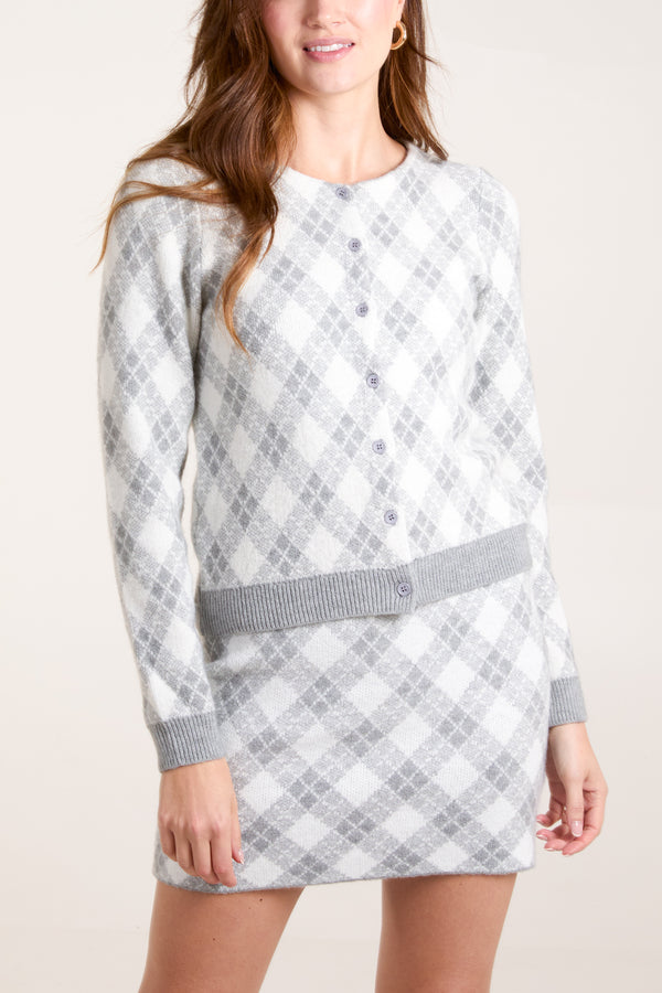 Qed London Knitted Argyle Cardigan & Skirt Set