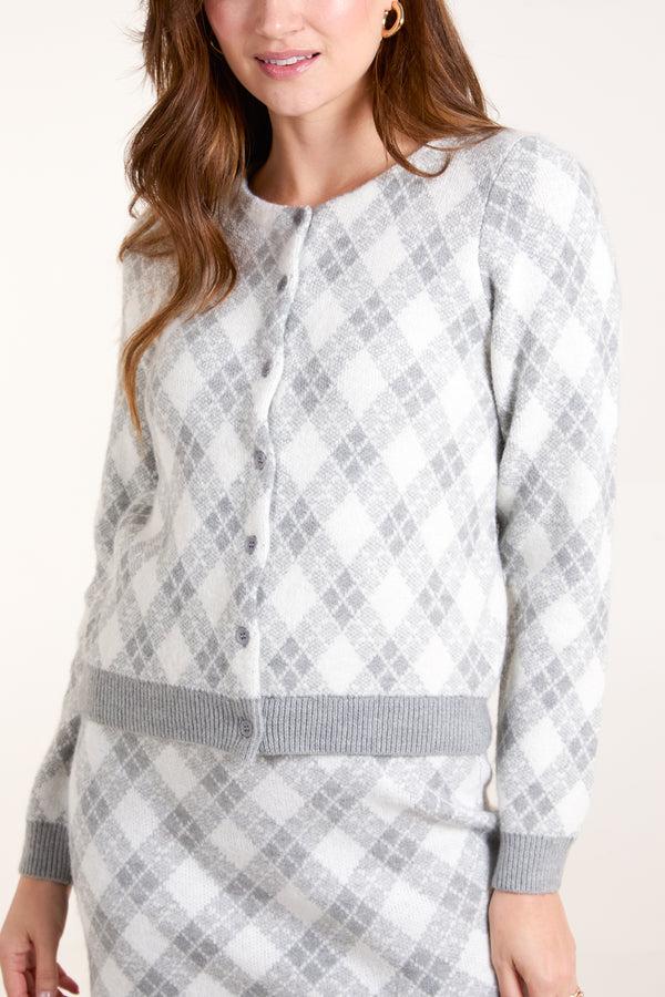 Qed London Knitted Argyle Cardigan & Skirt Set