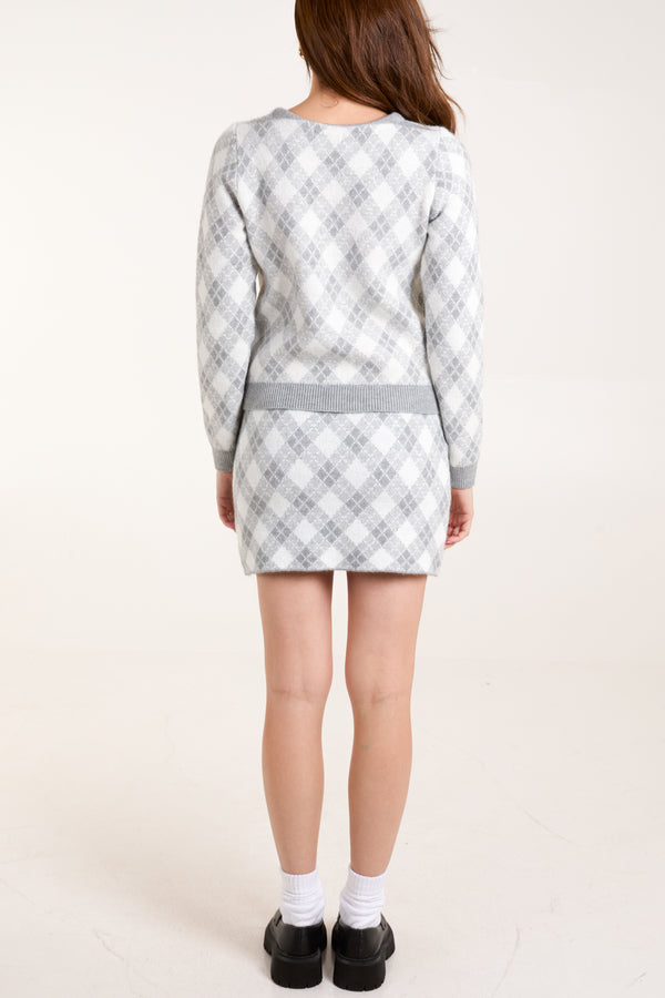 Qed London Knitted Argyle Cardigan & Skirt Set