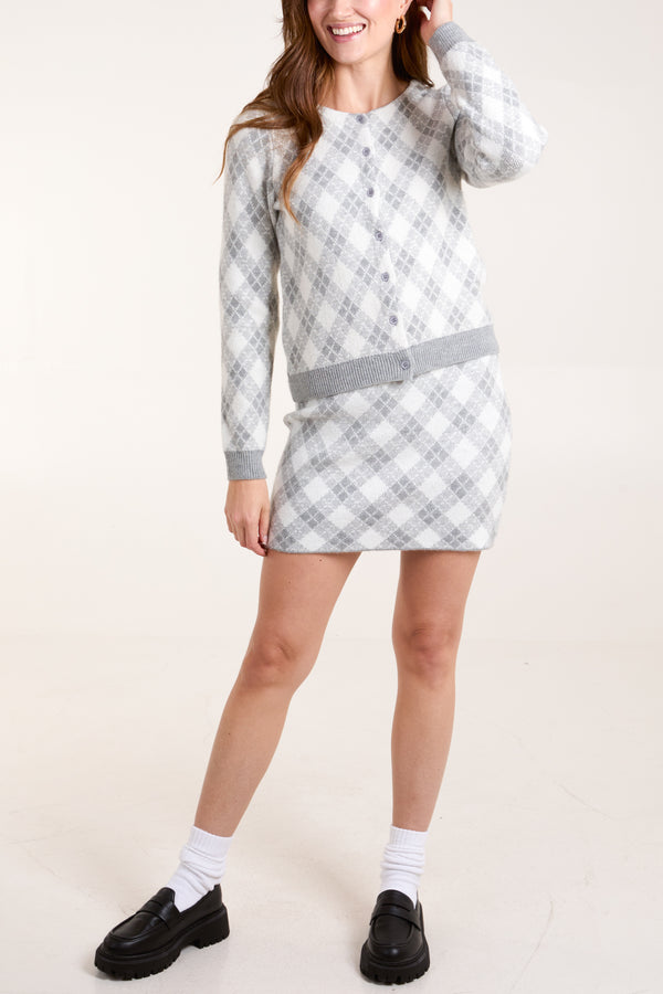 qed london Knitted Argyle Cardigan & Skirt Set