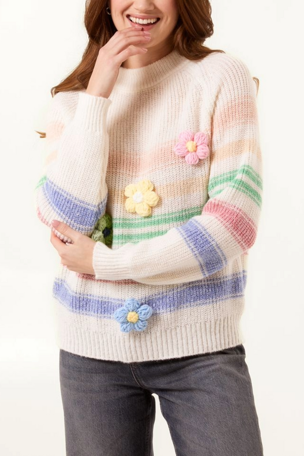 qed london Knitted Flower Striped Jumper