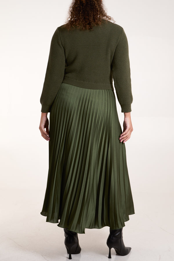 Qed London Knitted Top Satin Pleated Skirt Dress
