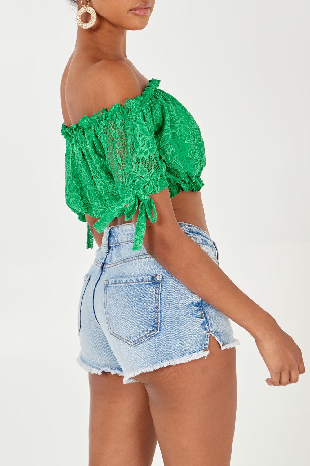 Qed London Lace Bardot Puff Crop Top