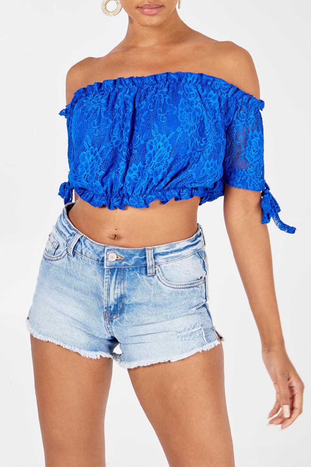 Qed London Lace Bardot Puff Crop Top