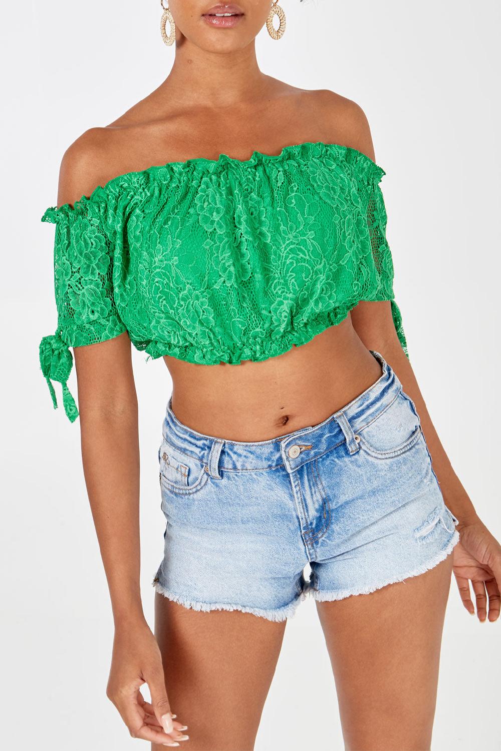 qed london Lace Bardot Puff Crop Top