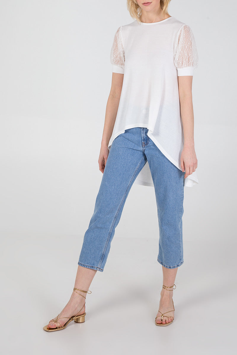 Qed London Lace Puff Sleeve High Low Top