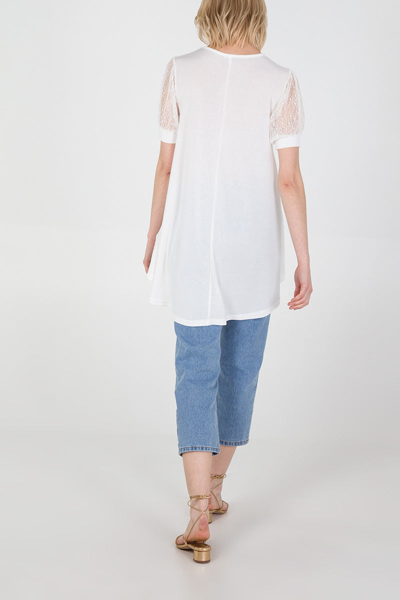 Qed London Lace Puff Sleeve High Low Top