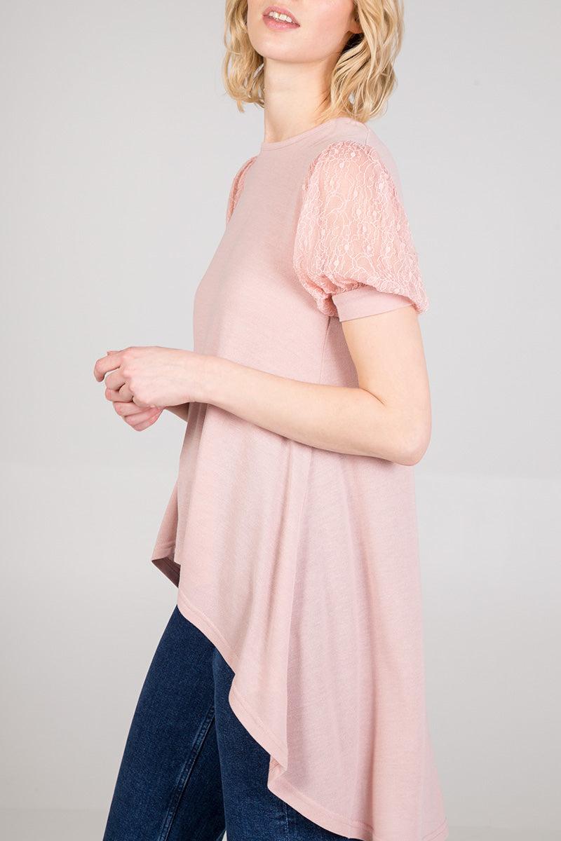 Qed London Lace Puff Sleeve High Low Top