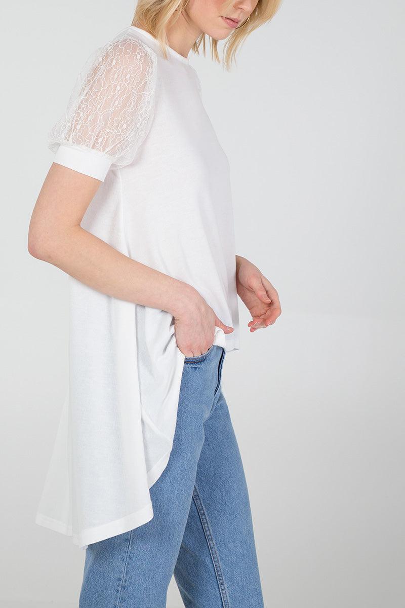 qed london Lace Puff Sleeve High Low Top
