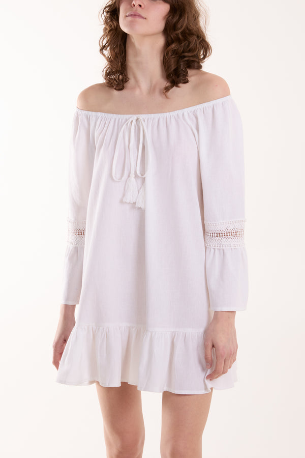 Qed London Lace Trim Tassel Bardot Dress