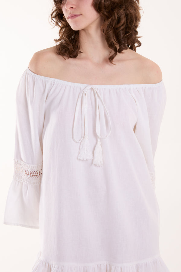 Qed London Lace Trim Tassel Bardot Dress