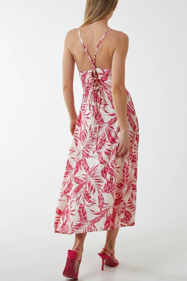 Qed London Lace Up Back Leaf Print Midi Dress