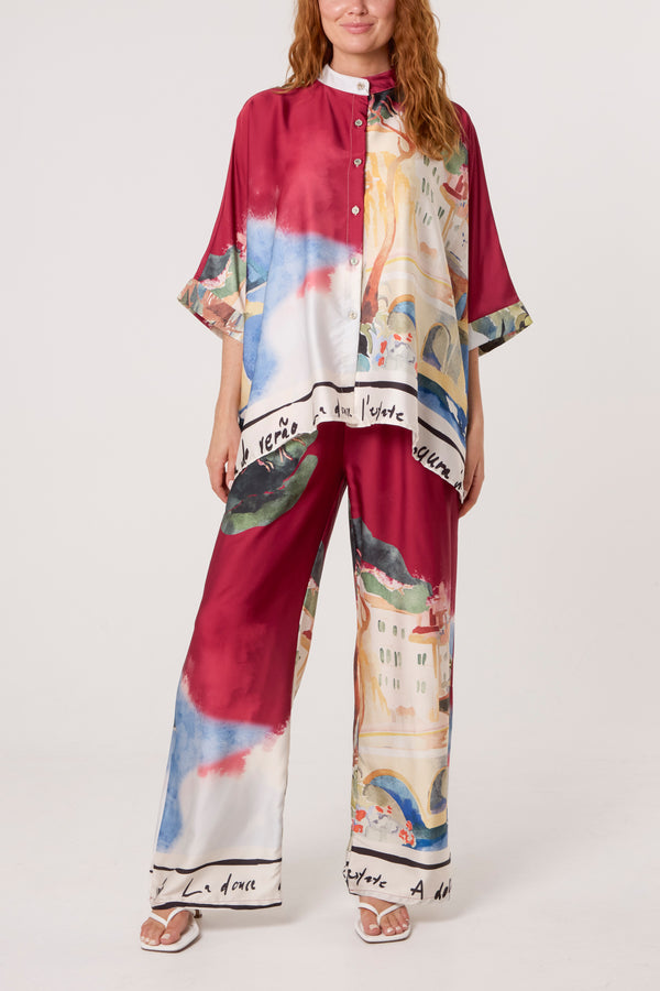 Qed London Landscape Print Two Piece Satin Set