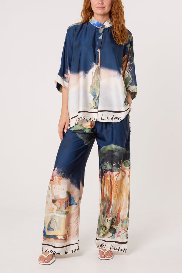 qed london Landscape Print Two Piece Satin Set