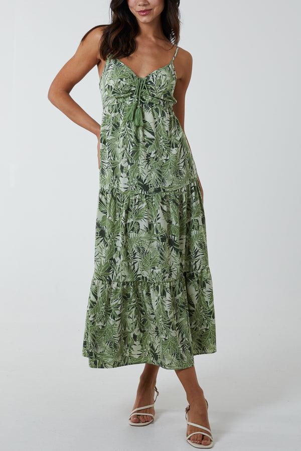 qed london Leaf Print Cami Tassel Trapeze Dress