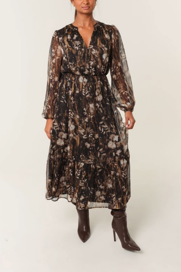 Qed London Leaf Print Diamante Chiffon Dress