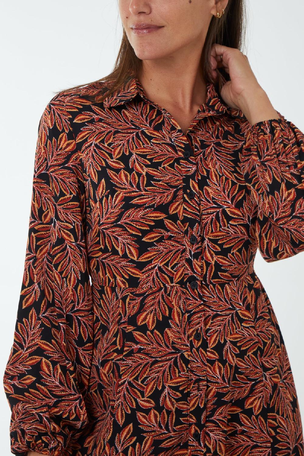 Qed London Leaf Print Godet Hem Midi Shirt Dress