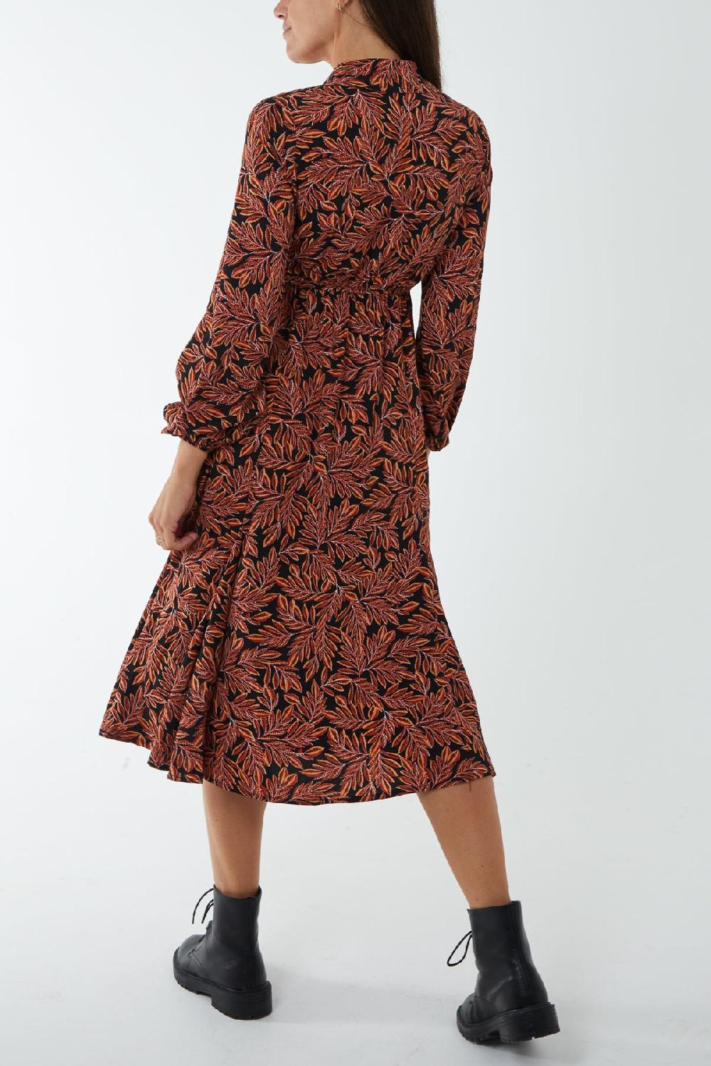 Qed London Leaf Print Godet Hem Midi Shirt Dress