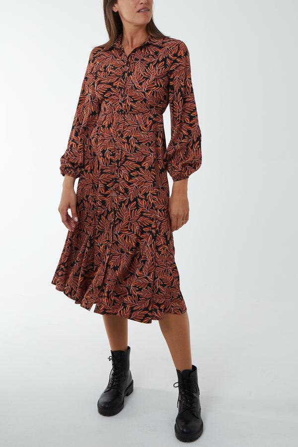 qed london Leaf Print Godet Hem Midi Shirt Dress