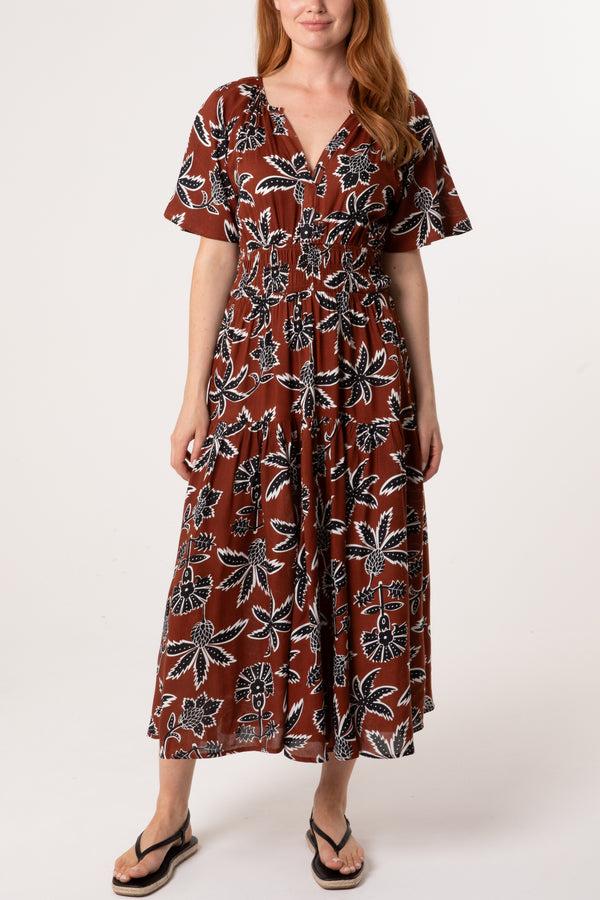 Qed London Leaf Print Notch Collar Dress