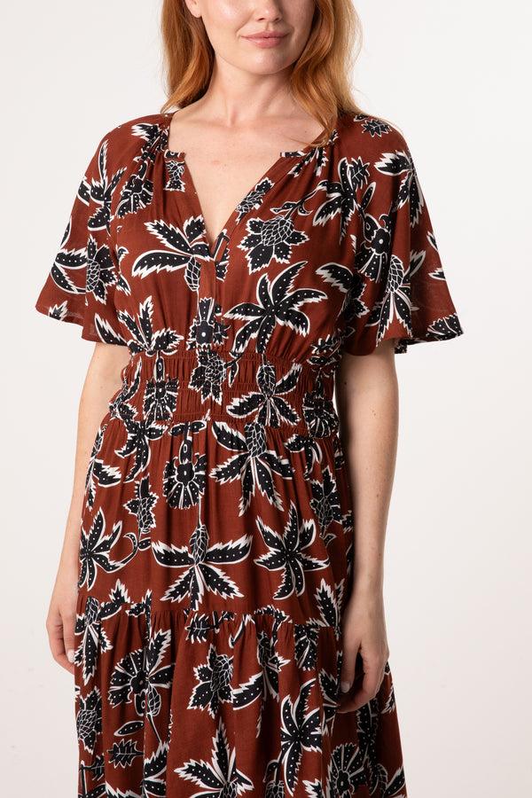 Qed London Leaf Print Notch Collar Dress