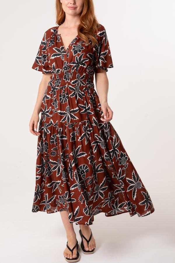 Qed London Leaf Print Notch Collar Dress