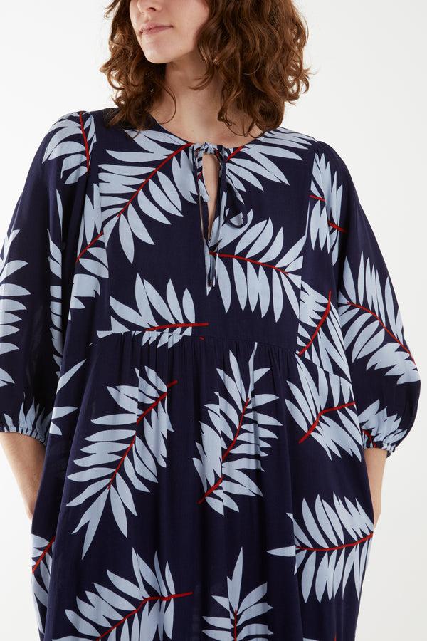 Qed London Leaf Print Tie Front Smock Maxi Dress