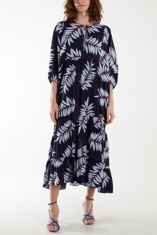 qed london Leaf Print Tie Front Smock Maxi Dress