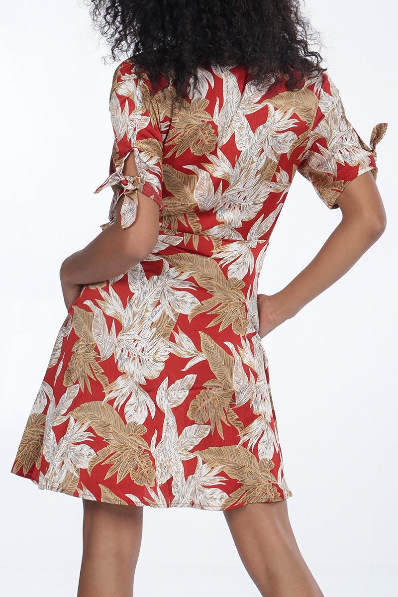 Qed London Leaf Print Tie Sleeve Wrap Dress