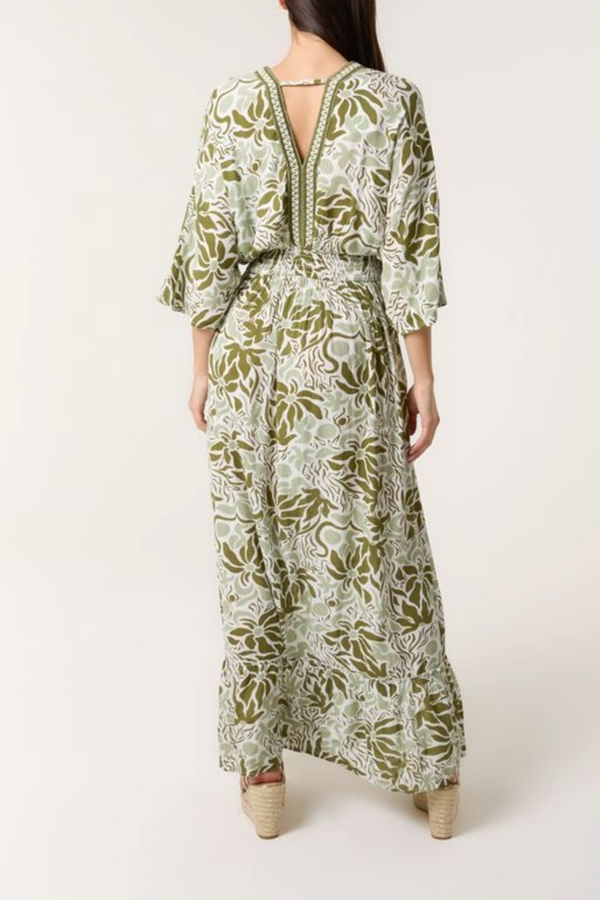 Qed London Leaf Print V Front & Back Maxi Dress
