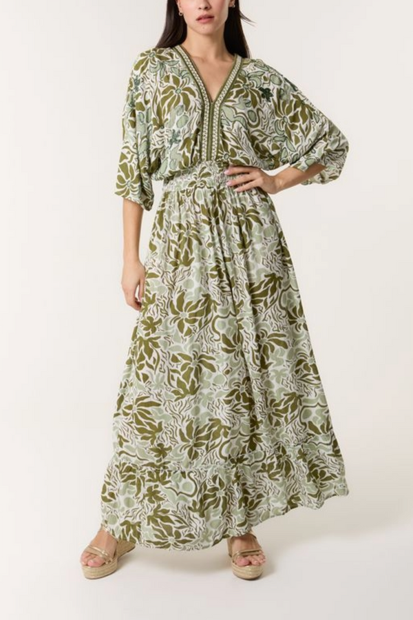 Qed London Leaf Print V Front & Back Maxi Dress