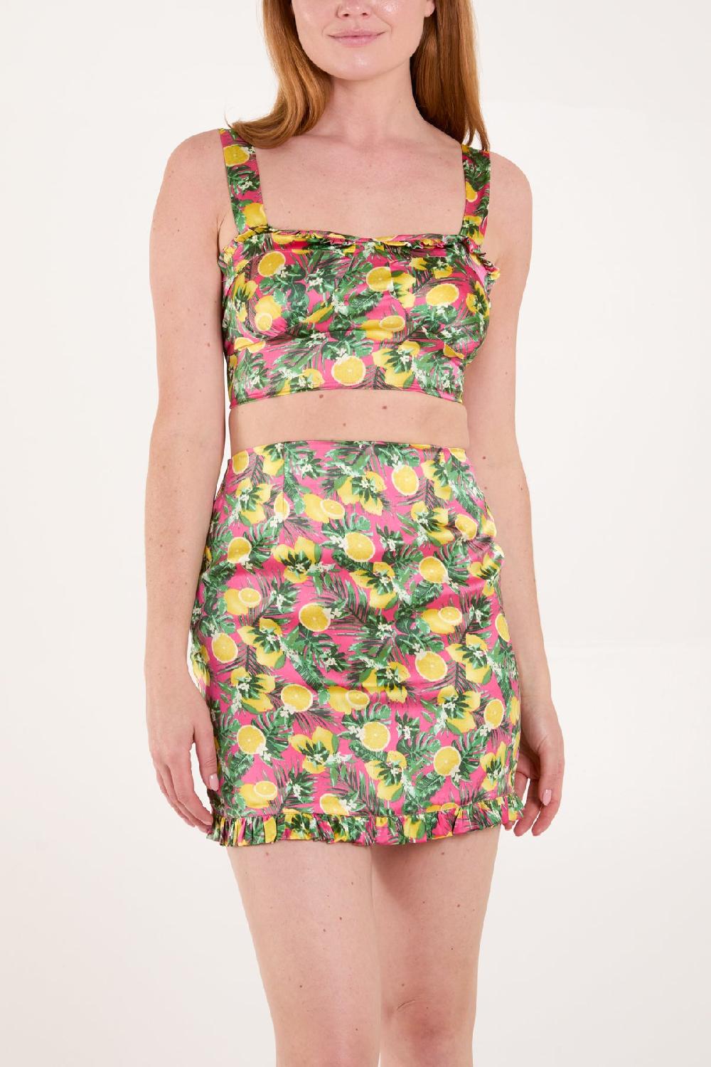 Qed London Lemon Print Bralette & Frill Skirt Set