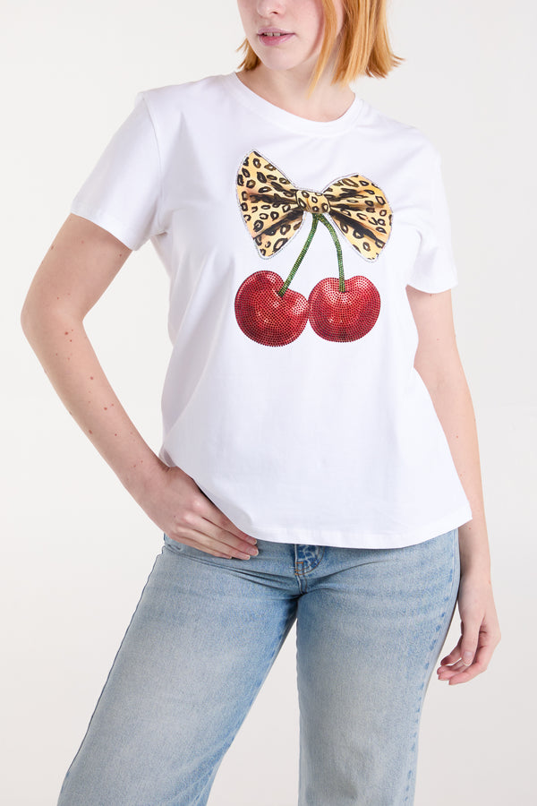 qed london Leopard Bow Cherry Print T-Shirt
